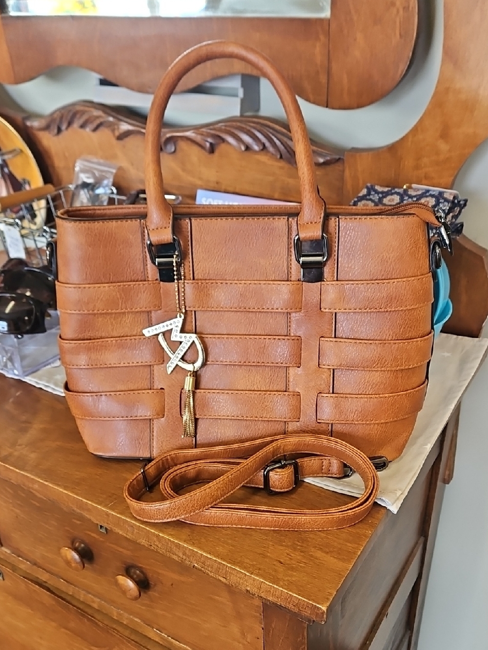 Source Unknown Tan Woven-Panel Satchel with Tassel Charm